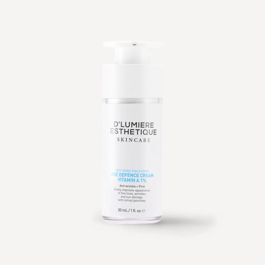 Skincare bottle labeled 'Age Defence Cream Vitamin A 1%' by 'Lumiere Esthetique' on a white background