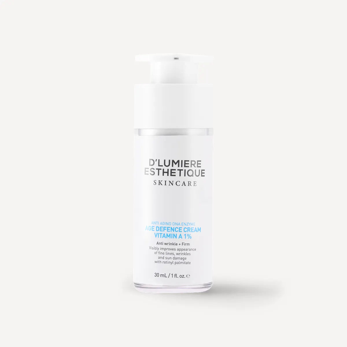 Skincare bottle labeled 'Age Defence Cream Vitamin A 1%' by 'Lumiere Esthetique' on a white background