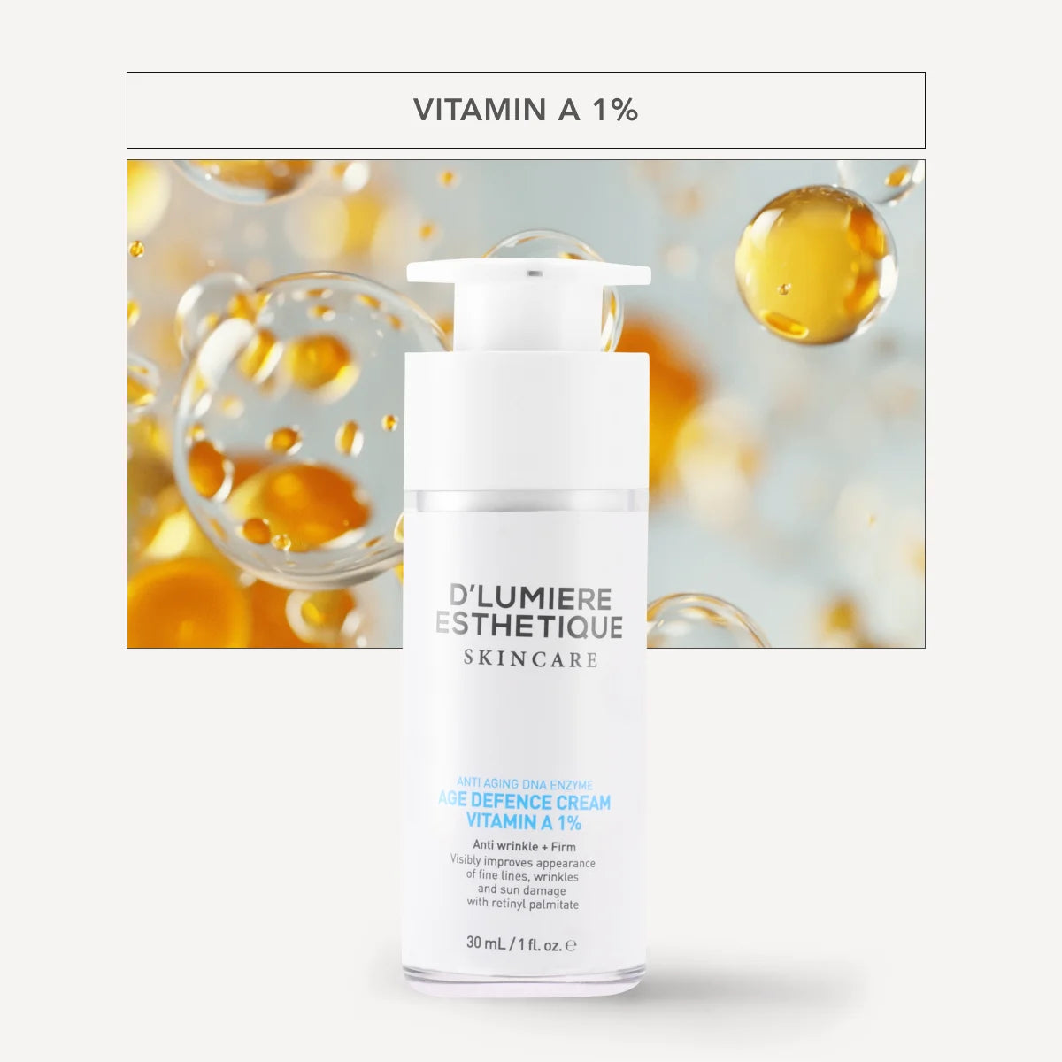 Skincare bottle with 'Age Defence Cream Vitamin A 1%' on a background of yellow droplets.