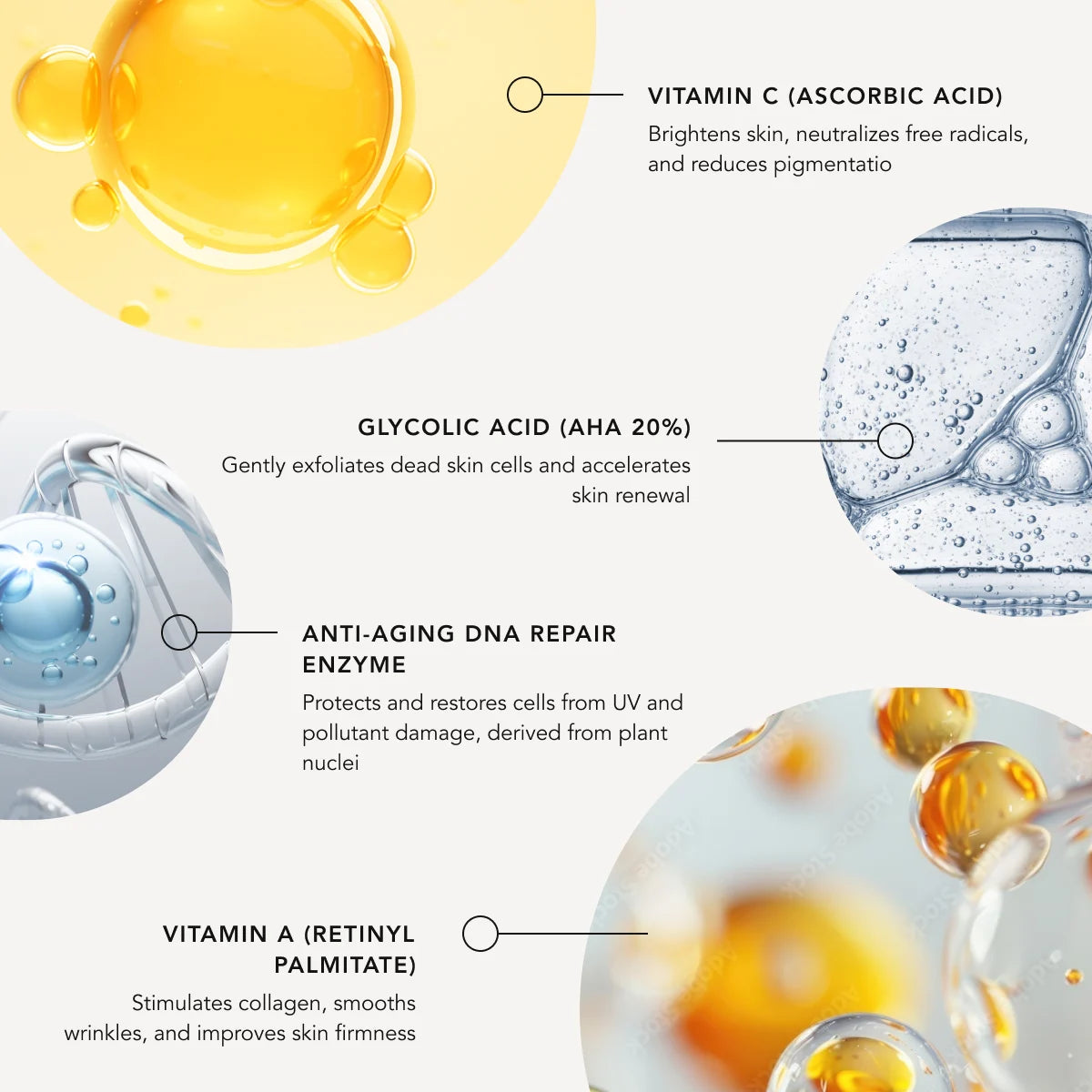 Illustration of skincare ingredients with labels on a white background