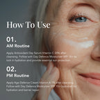 Skincare routine guide with text overlay on a close-up of a person's face.