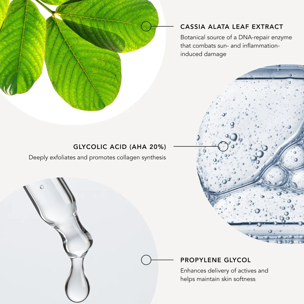 Skincare product ingredients with CASSIA ALATA LEAF EXTRACT, GLYCOLIC ACID, and PROPYLENE GLYCOL on a white background.