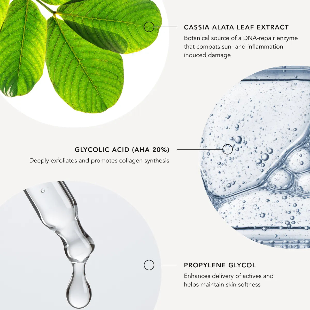 Skincare product ingredients with CASSIA ALATA LEAF EXTRACT, GLYCOLIC ACID, and PROPYLENE GLYCOL on a white background.