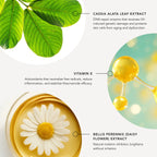 Illustration of Cassia Alata leaf extract, Vitamin E, and Bellis Perennis (daisy flower) extract with their respective benefits.