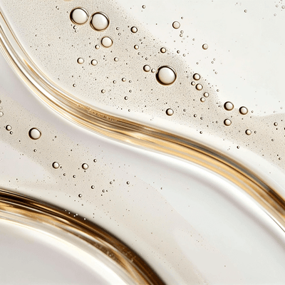 Close-up of bubbles in a liquid with a gold rim on a white background