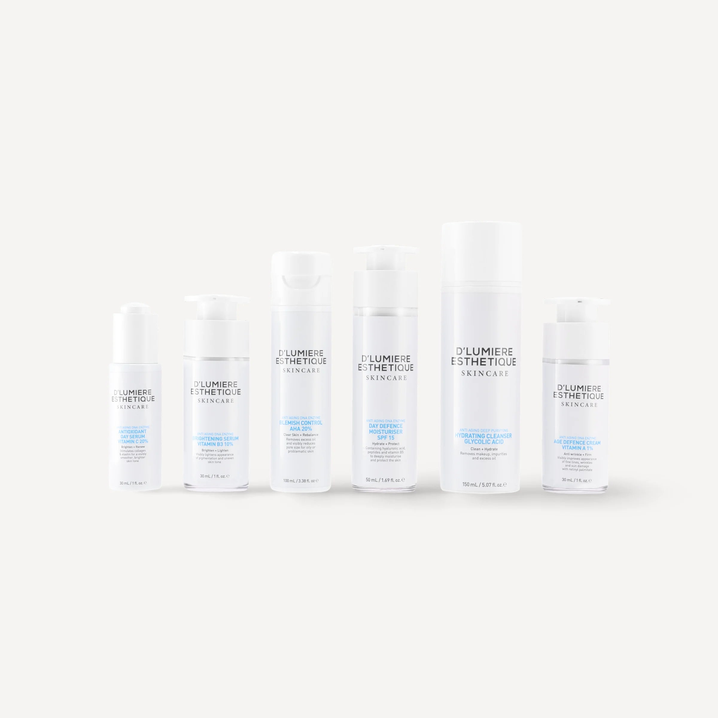 Set of skincare bottles labeled 'D'Lumiere Esthetique' on a white background