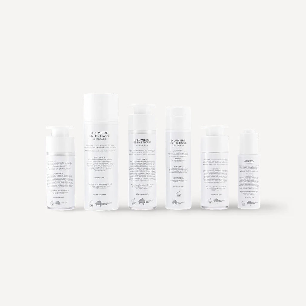 Set of five Climbere Skincare bottles on a white background
