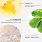 Skincare product with vitamin C, DNA-repair enzymes, and vitamin B5 labeled on a white background.