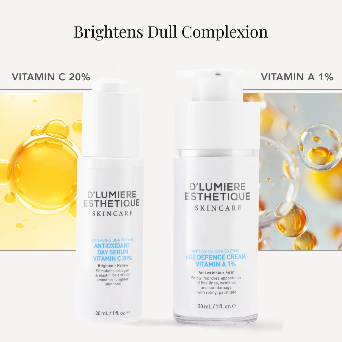 D'lumiere skincare products with vitamin C and A on a white background