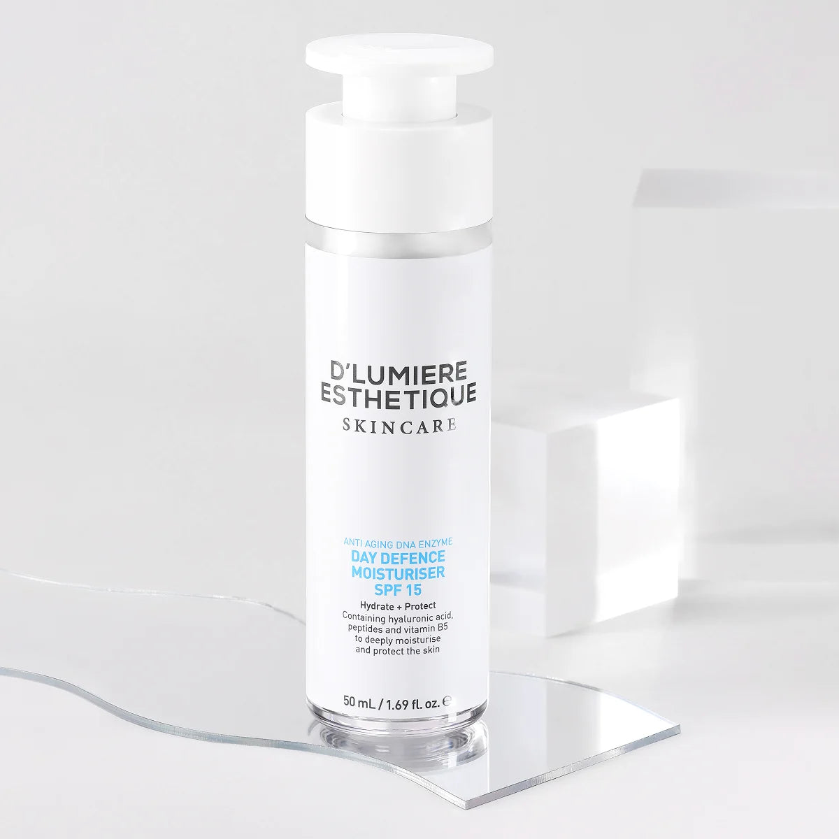 Skincare bottle labeled 'D'Lumiere Esthetique' on a clear stand with a white background