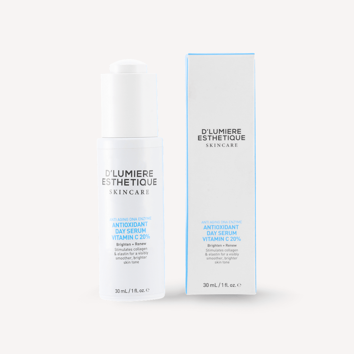 D'lumiere Esthetique antioxidant day serum with packaging on a white background
