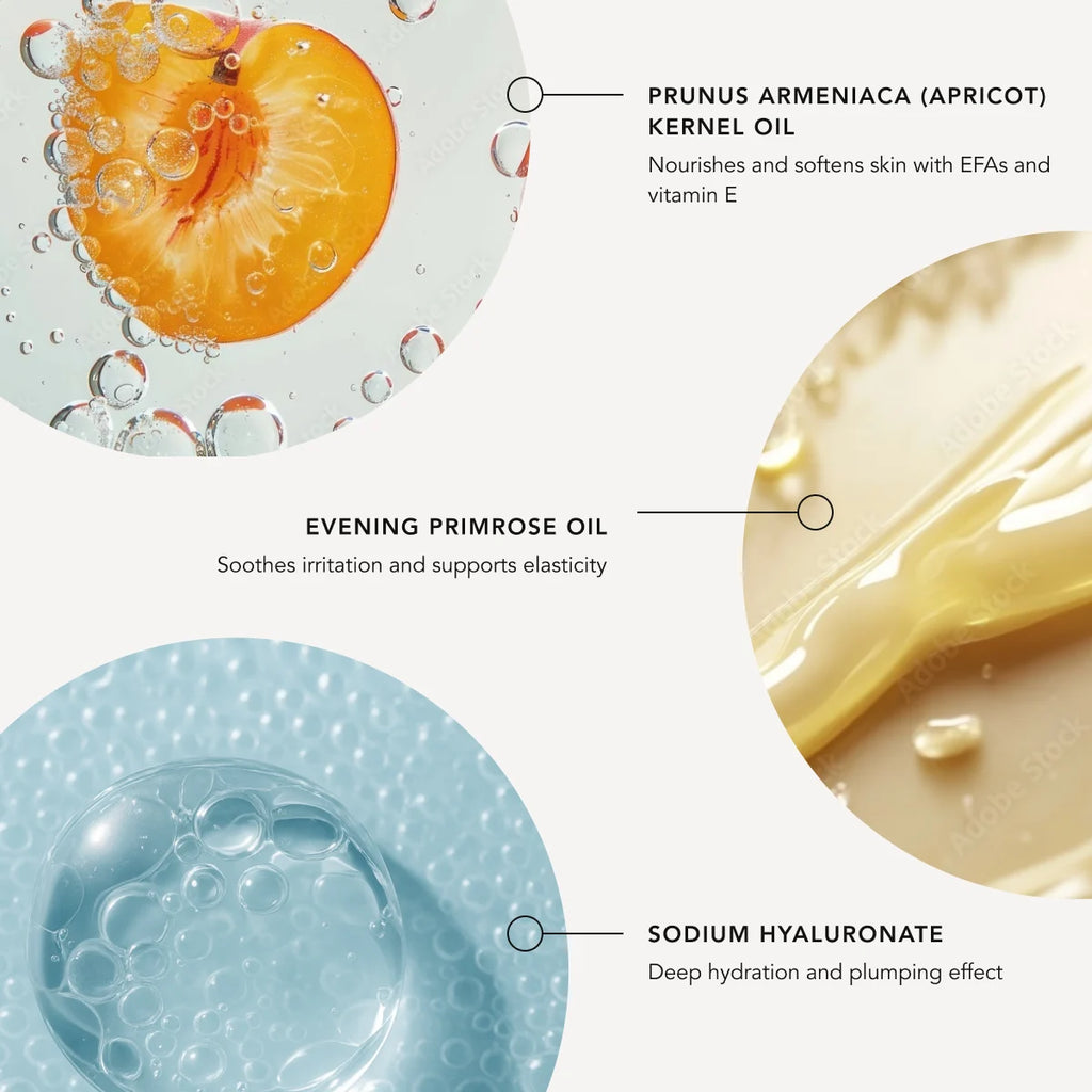 Illustration of apricot kernel oil, evening primrose oil, and sodium hyaluronate with text labels on a white background.