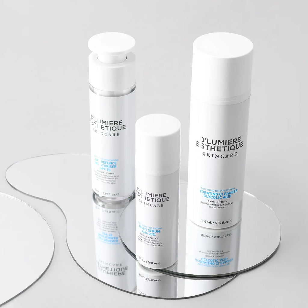 Skincare products on a rotating stand with a neutral background