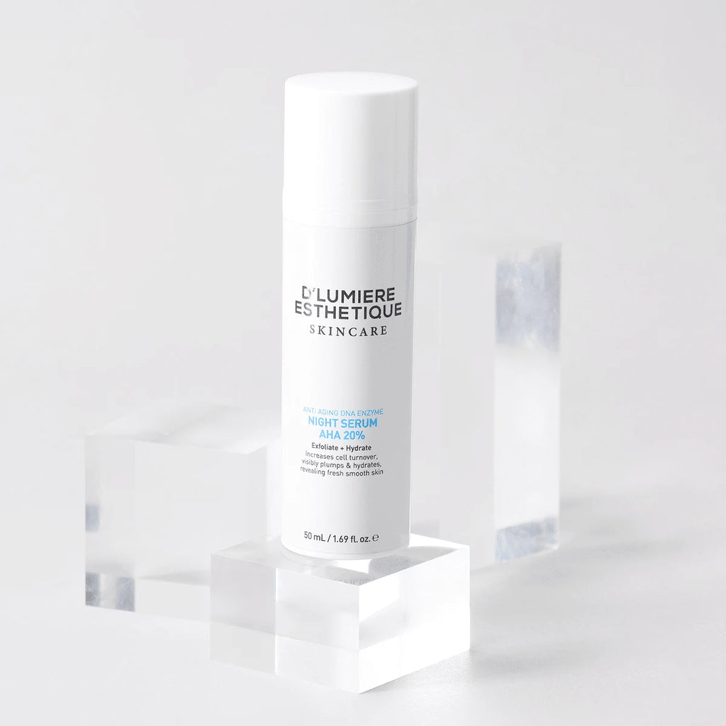 Skincare serum bottle with 'D'Lumiere Esthetique' branding on a white background