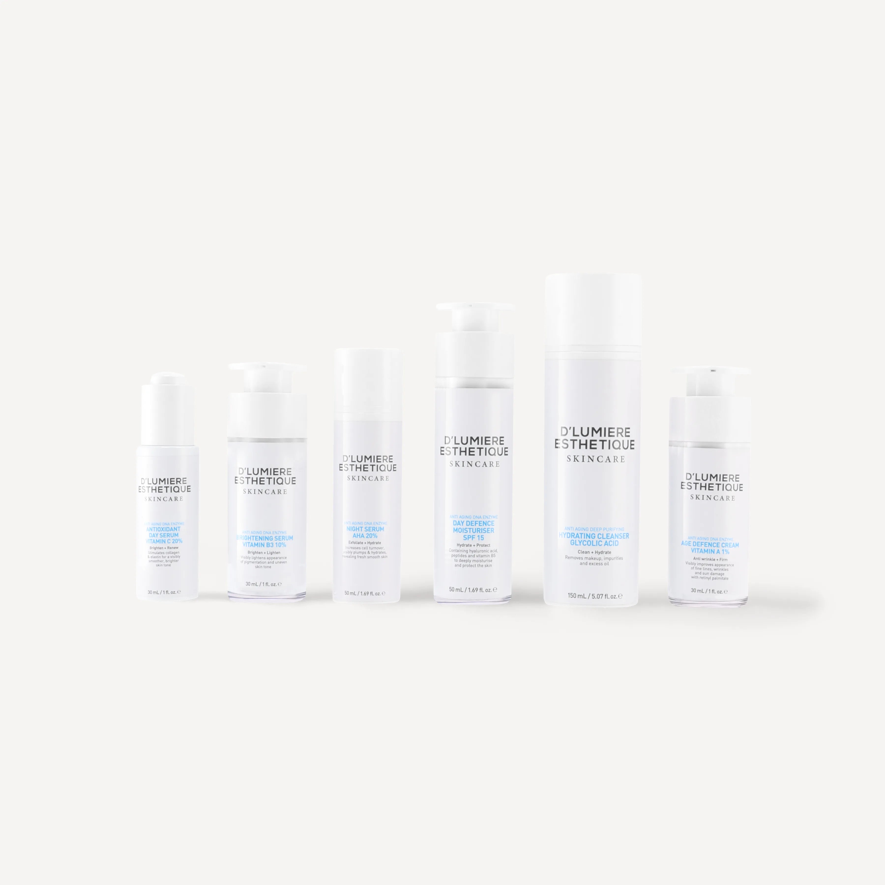 Set of skincare bottles labeled 'Lumiere Esthetique' on a white background