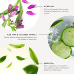 Infographic of Allantoin, Aloe Vera & Cucumber Extract, and Green Tea with respective benefits.