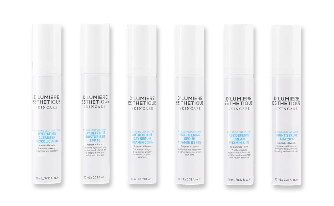Set of skincare products with 'D'Lumiere Esthetique' branding on a white background