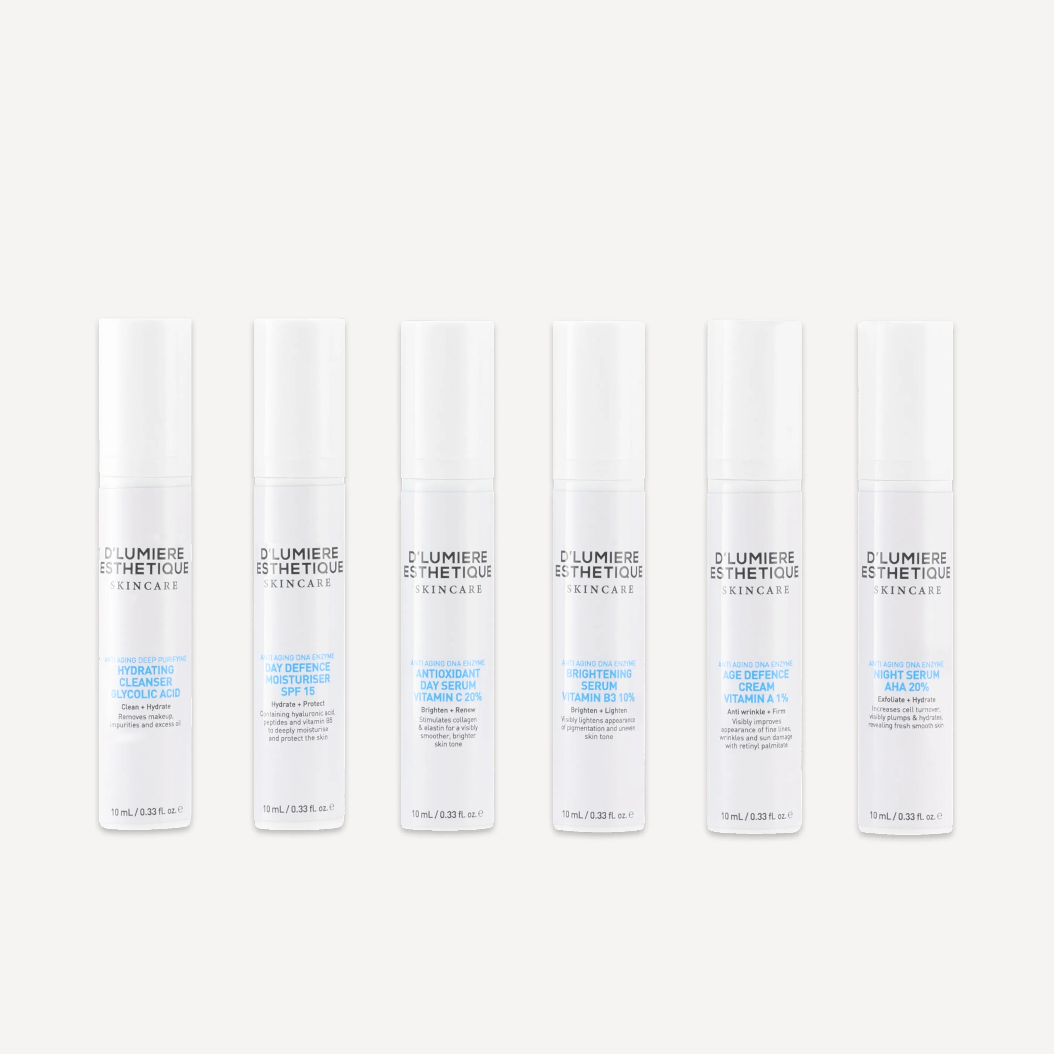 Set of skincare products from D'Lumiere Esthetique on a white background